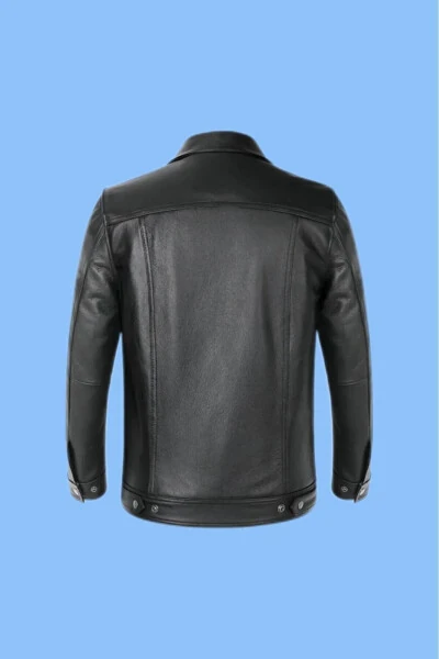 Men's Black Shirt Collar Genuine Leather Jacket - MALVİNEYU (1)