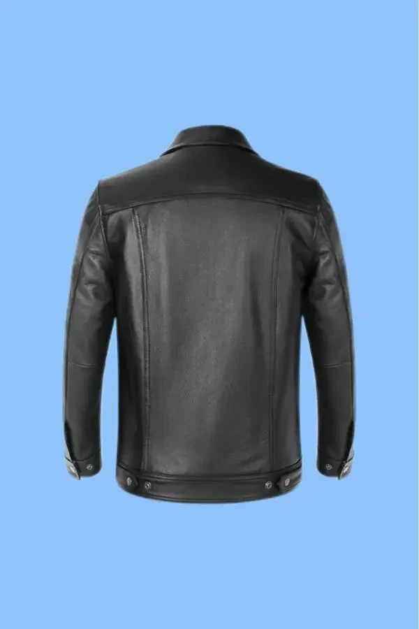 Men's Black Shirt Collar Genuine Leather Jacket - 2