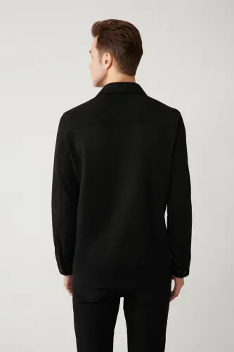 Men's Black Shirt Jacket Classic Collar Suede Look Front Button Pockets Comfort Fit A41y6010 - 4
