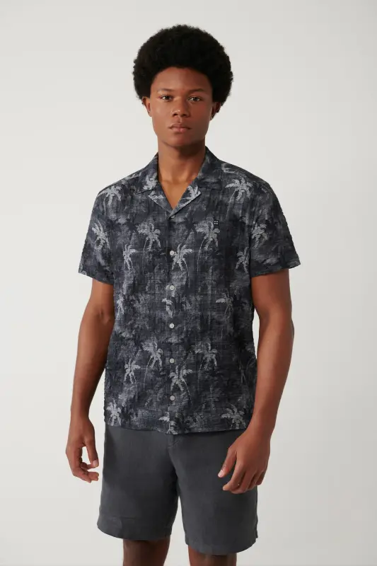 Men's Black Shirt Spread Collar Cotton Palm Print Regular Fit A41y2137 - AVVA