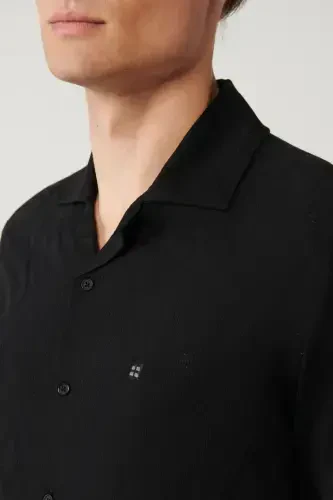 Men's Black Shirt Spread Collar Short Sleeve Jacquard Textured Regular Fit A41y2092 - AVVA (1)