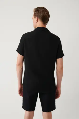 Men's Black Shirt Spread Collar Short Sleeve Jacquard Textured Regular Fit A41y2092 - 4