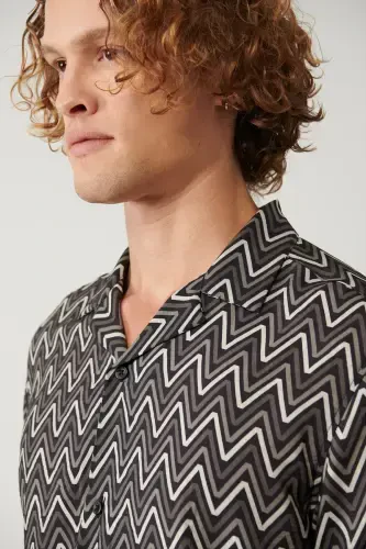 Men's Black Shirt Spread Collar Viscose Blend Patterned Regular Fit A41y2213 - AVVA (1)
