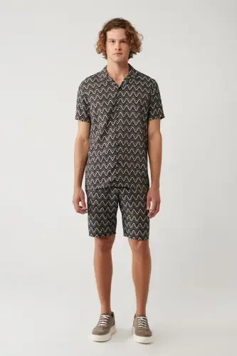 Men's Black Shirt Spread Collar Viscose Blend Patterned Regular Fit A41y2213 - 5