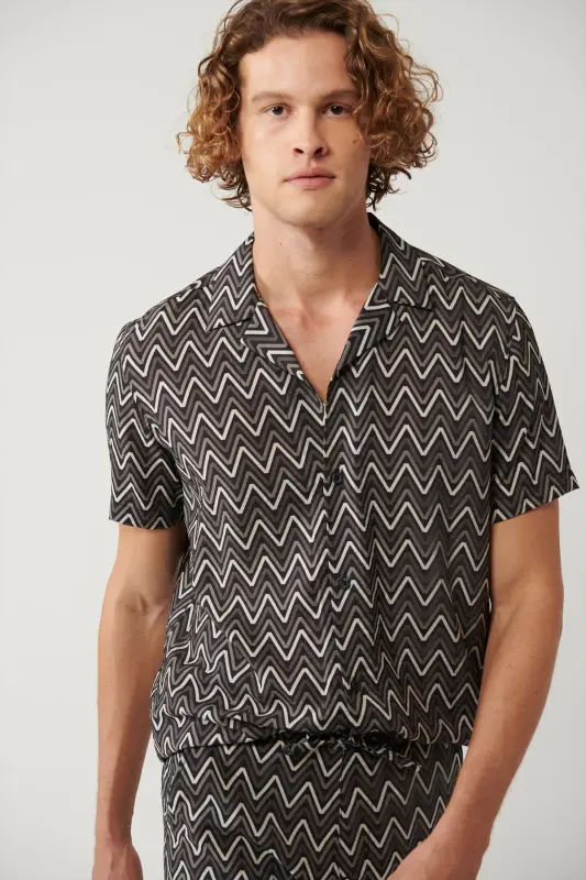 Men's Black Shirt Spread Collar Viscose Blend Patterned Regular Fit A41y2213 - AVVA