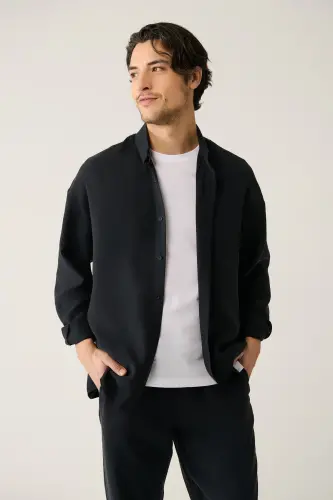 Men's Black Shirt with British Collar Modal Fabric Oversize Fit A41y2168 - AVVA (1)