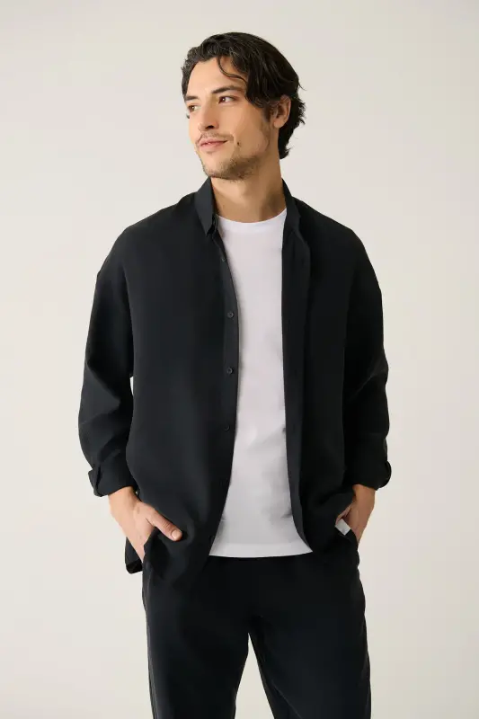 Men's Black Shirt with British Collar Modal Fabric Oversize Fit A41y2168 - 2