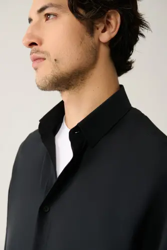 Men's Black Shirt with British Collar Modal Fabric Oversize Fit A41y2168 - 3