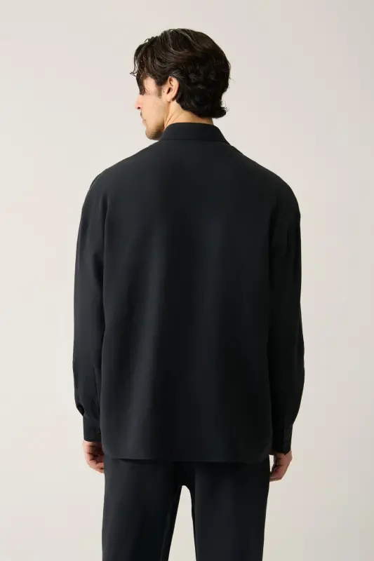 Men's Black Shirt with British Collar Modal Fabric Oversize Fit A41y2168 - 6