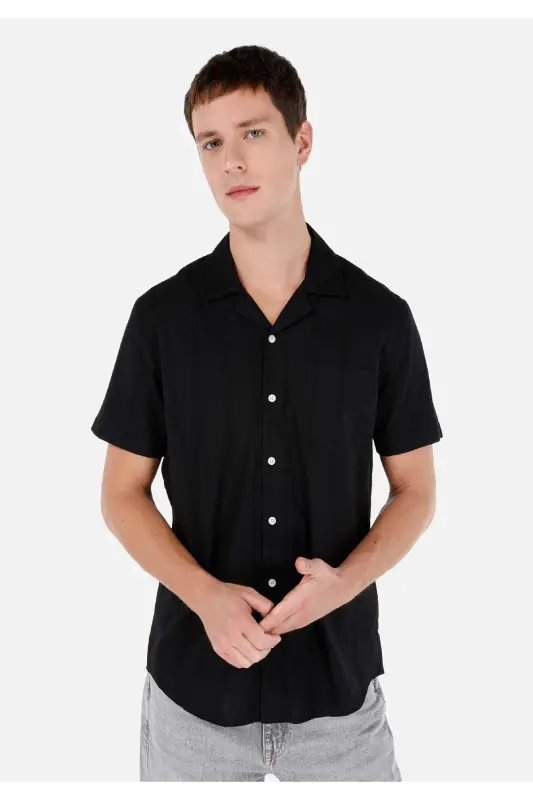 Men's black, short-sleeved, striped, regular fit shirt. - 1