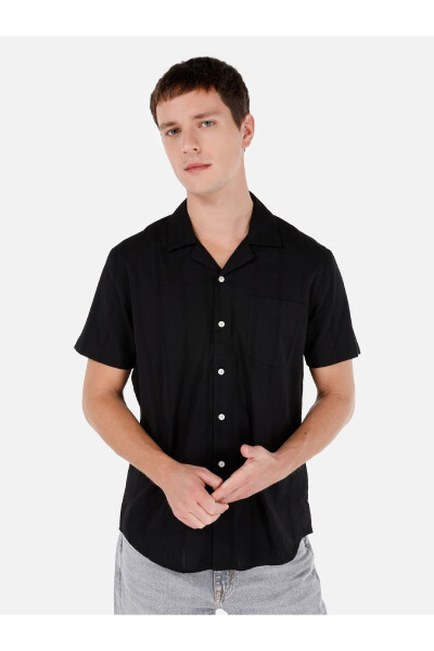 Men's black, short-sleeved, striped, regular fit shirt. - 1