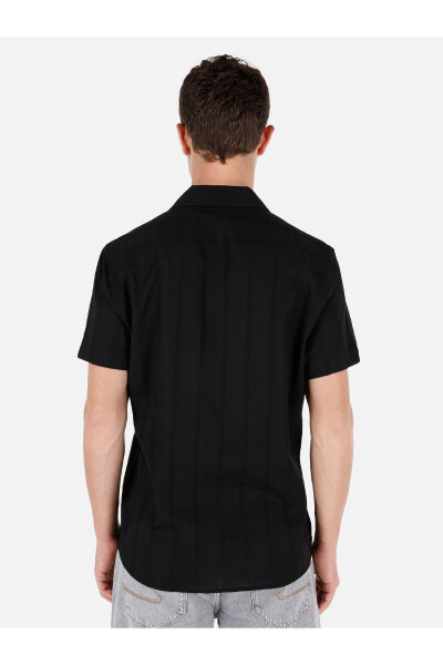 Men's black, short-sleeved, striped, regular fit shirt. - 2