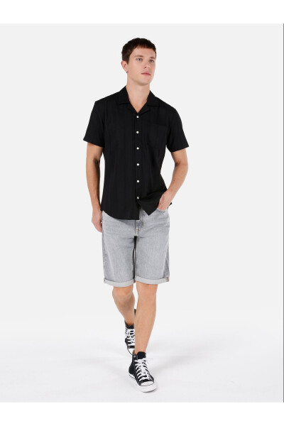 Men's black, short-sleeved, striped, regular fit shirt. - 3