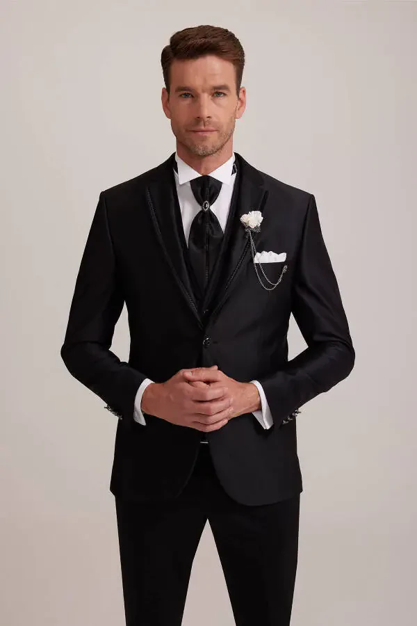 Men's Black Single-Breasted Tuxedo Suit - 9