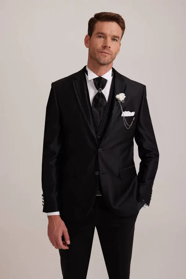 Men's Black Single-Breasted Tuxedo Suit - 11