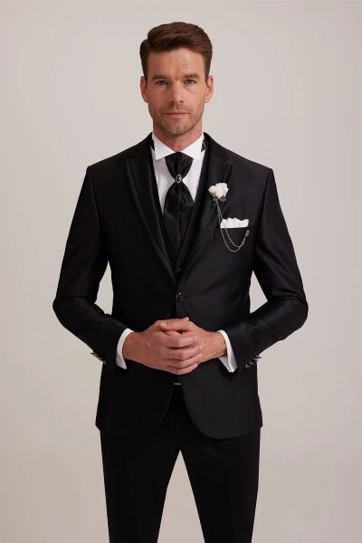 Men's Black Single-Breasted Tuxedo Suit - YSF