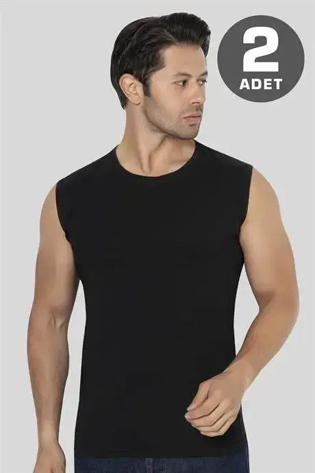 Men's Black Sleeveless T-Shirt Tank Top Cotton Lycra 2-Pack - 1
