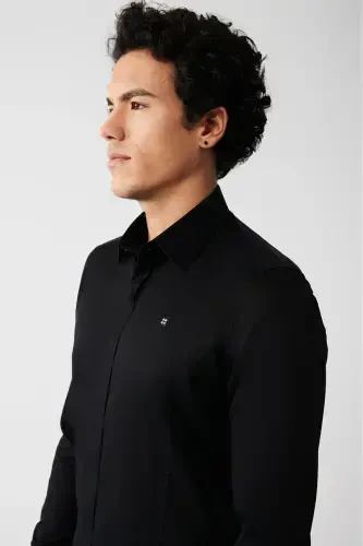 Men's Black Slim Fit 100% Cotton Classic Collar Satin Shirt B002002-Black - AVVA (1)