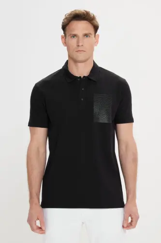 Men's Black Slim Fit 100% Cotton Printed Polo Shirt - 3