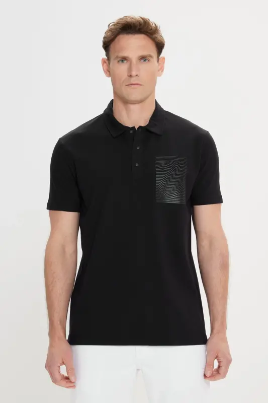 Men's Black Slim Fit 100% Cotton Printed Polo Shirt - 3