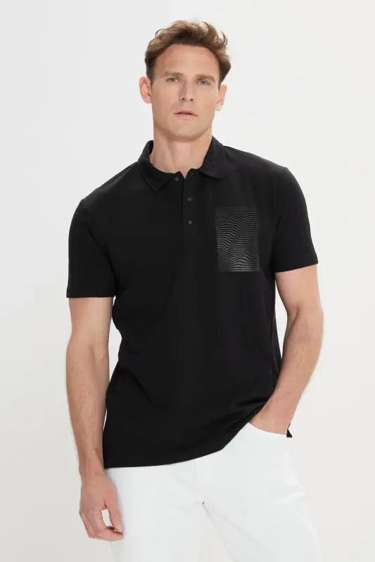 Men's Black Slim Fit 100% Cotton Printed Polo Shirt - 5
