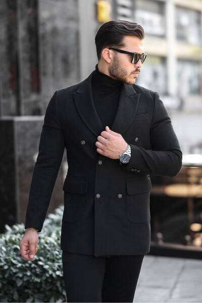 Men's black slim fit button detail cashmere coat - 1