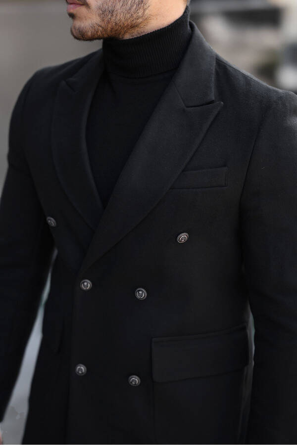 Men's black slim fit button detail cashmere coat - 2