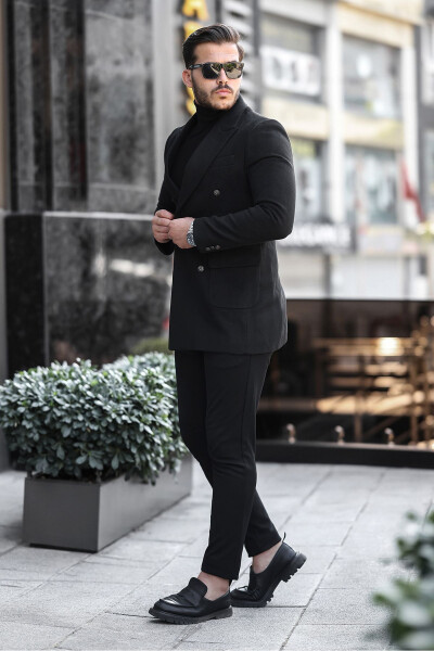 Men's black slim fit button detail cashmere coat - 3