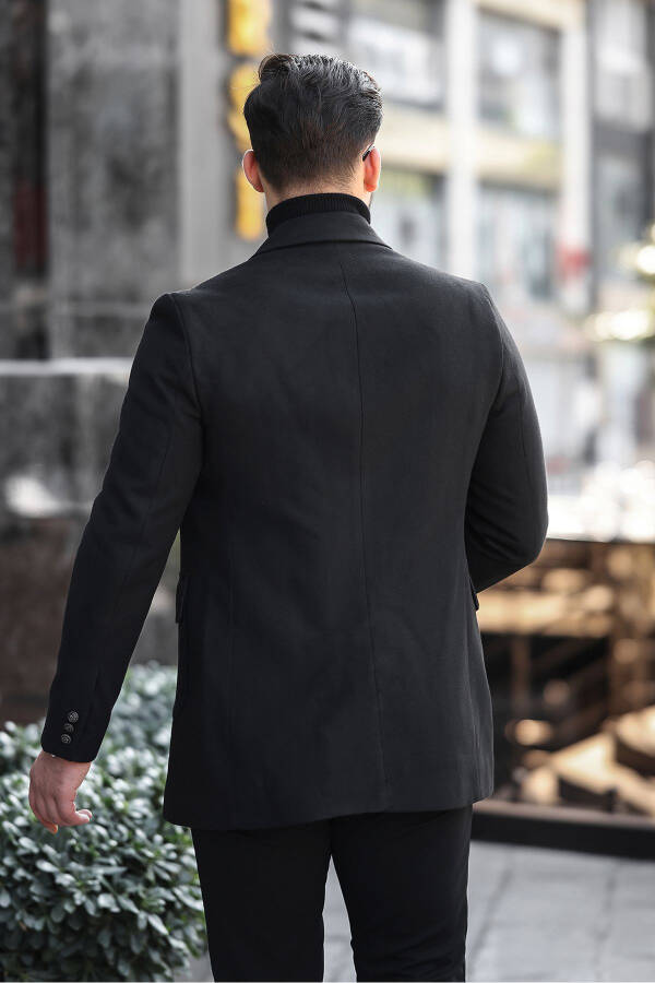 Men's black slim fit button detail cashmere coat - 4