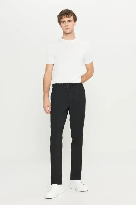 Men's Black Slim Fit Comfort Cut Drawstring Waist Side Pocket Jogger Pants - 5