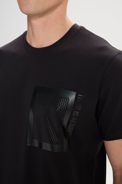 Men's Black Slim Fit Crew Neck Cotton Printed T-Shirt - 4