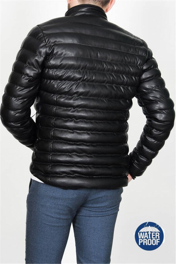 Men's Black Slim Fit Fur-Lined Inner Pocket Puffer Leather Jacket - 5