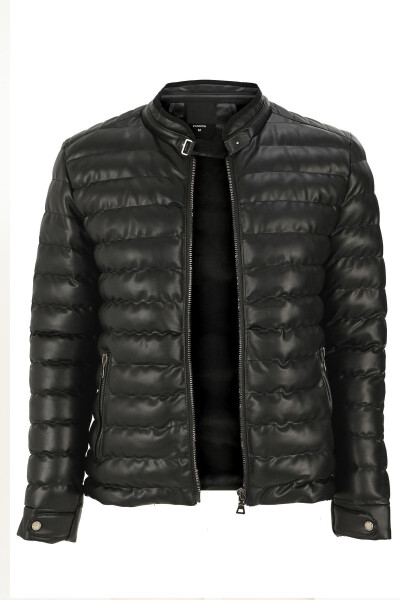 Men's Black Slim Fit Fur Lined Waterproof Puffer Leather Jacket & Coat - 1