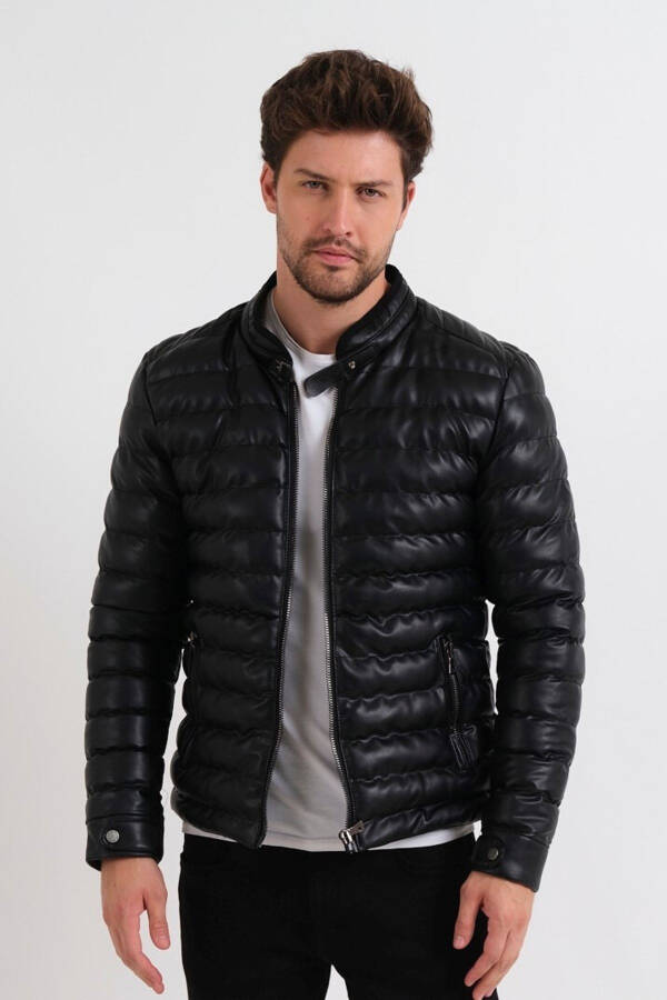 Men's Black Slim Fit Fur Lined Waterproof Puffer Leather Jacket & Coat - 2