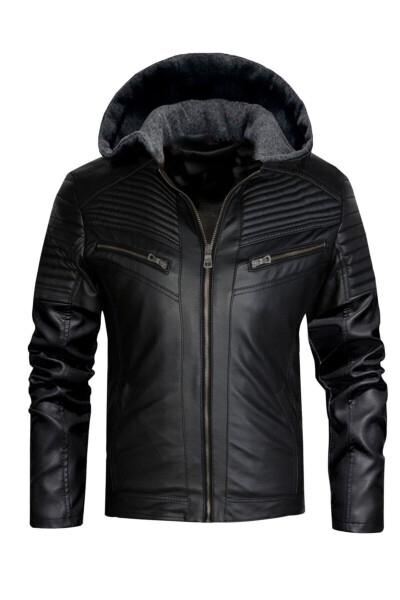 Men's Black Slim Fit Hooded Leather Jacket - 1