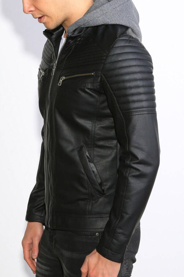 Men's Black Slim Fit Hooded Leather Jacket - 3