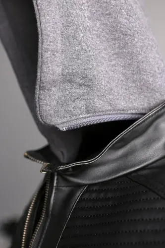 Men's Black Slim Fit Hooded Leather Jacket - 6