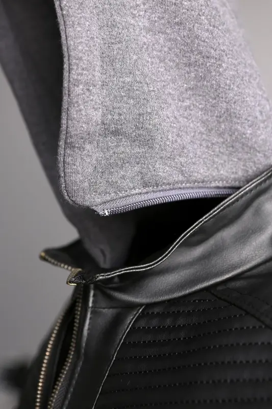 Men's Black Slim Fit Hooded Leather Jacket - 6