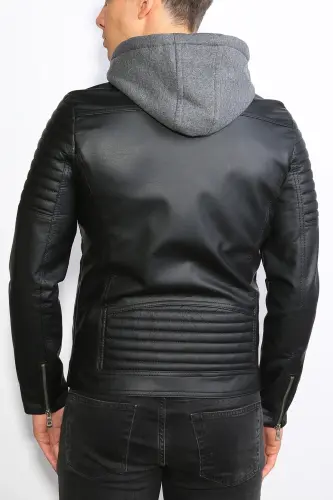 Men's Black Slim Fit Hooded Leather Jacket - 7