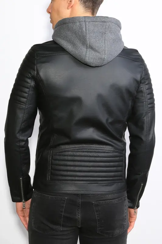 Men's Black Slim Fit Hooded Leather Jacket - 7