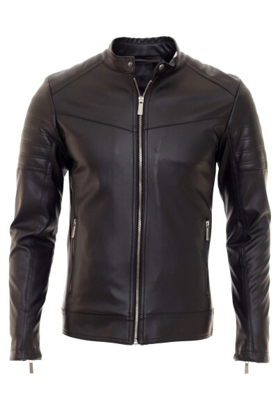 Men's Black Slim Fit Leather Jacket with Inner Pockets - 1