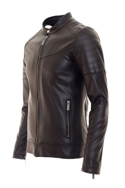 Men's Black Slim Fit Leather Jacket with Inner Pockets - 2