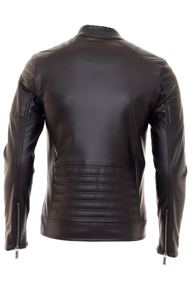 Men's Black Slim Fit Leather Jacket with Inner Pockets - 3