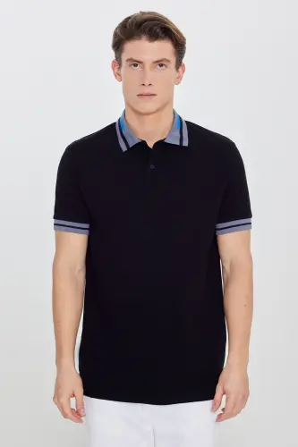 Men's Black Slim Fit Narrow Cut 100% Cotton Non-Curling Polo Neck T-Shirt - 5