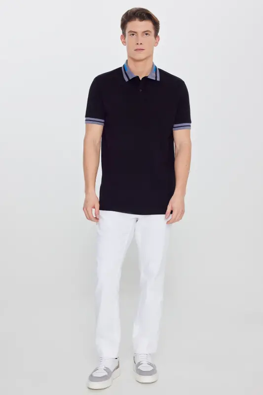 Men's Black Slim Fit Narrow Cut 100% Cotton Non-Curling Polo Neck T-Shirt - 6