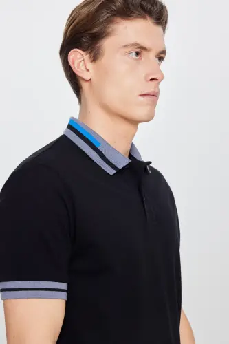 Men's Black Slim Fit Narrow Cut 100% Cotton Non-Curling Polo Neck T-Shirt - 9