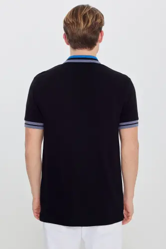 Men's Black Slim Fit Narrow Cut 100% Cotton Non-Curling Polo Neck T-Shirt - 10