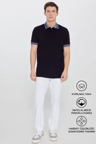 Men's Black Slim Fit Narrow Cut 100% Cotton Non-Curling Polo Neck T-Shirt - 3