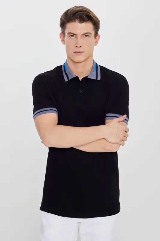 Men's Black Slim Fit Narrow Cut 100% Cotton Non-Curling Polo Neck T-Shirt - 5