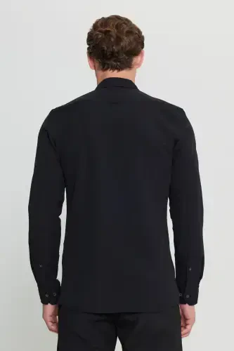 Men's Black Slim Fit Narrow Cut Button-Down Collar Textured Gauze Patterned Shirt-Black - 7